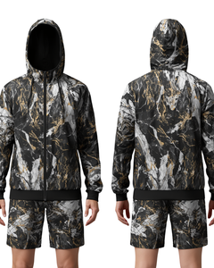 Men Marble Print Hooded <b>Tracksuit</b> Set Full Sleeve Zipper Casual Activewear Shorts Breathable Polyester Autumn Wear - Product Image 3