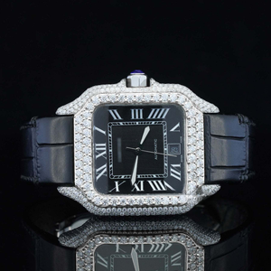 Relojes mecánicos automáticos con bisel de diamantes Moissanite completamente brillantes, esfera romana negra y blanca de 41 mm y correa de cuero. - Product Image 1
