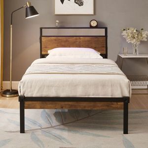 Cadre de lit plateforme en métal taille double avec tête et pied de lit en bois, port USB et rangement intégré, aucun sommier tapissier nécessaire - Product Image 2