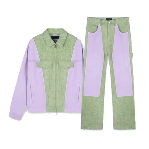 Conjunto Deportivo Unisex Estilo Urbano, Bloques de Color Verde y Morado, Manga Larga, Cierre de Cremallera, Diseño de Parches, Ropa de Primavera para Adultos - Product Image 1