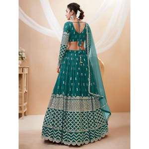 Georgette lehenga choli สีฟ้าสีน้ำเงินอมเขียวที่สวยงามพร้อมตาข่าย dupatta สำหรับสวมใส่ตอนเย็น - Product Image 3