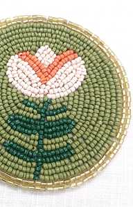Handmade Eco-Friendly Bohemian Beaded Polyester Cotton Coasters Floral Design Drink <b>Mats</b> Green Orange White Pattern Table - Product Image 6