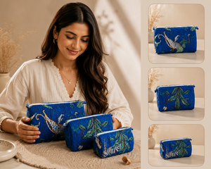 Cotton Quilted Bohemian Eco-Friendly Cosmetic Bag Set 3Pcs Blue Animal Palm Print Zipper <b>Makeup</b> Pouch Travel for Bags - Product Image 3