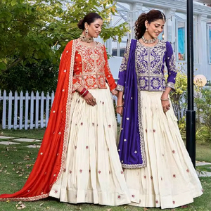 LAHENGA KURTI DUPATTA PURE VICHITRA SILK CORDING SEQUNCE THREAD EMBROIDERY WORK - Product Image 1