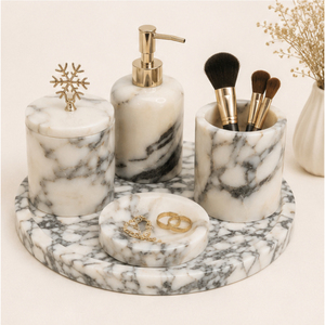 Ensemble d'accessoires de salle de bain en marbre naturel, 5 pièces, ensemble de vanité en pierre artisanale avec distributeur de savon, pot avec couvercle doré et plateau pour la maison - Product Image 4