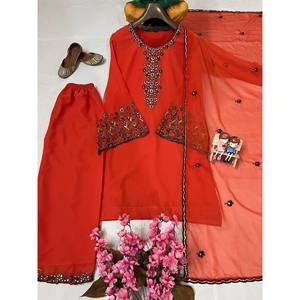 Ensemble haut-bas et dupatta élégant pour femmes, taille XL, en tissu chiffon avec broderie de fils et de paillettes - Product Image 1