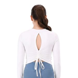 Women's White <b>Keyhole</b> <b>Top</b> Long Sleeve Ruched Back Tie Detail Fitted Casual Fashion <b>Top</b> - Product Image 6