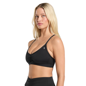 Sujetador Deportivo con Logotipo Personalizado para Mujer, Cuello en V, Fruncido, Nailon y Elastano, Tirantes Finos, Top de Yoga, Ropa Deportiva para Gimnasio, Color Negro Sólido - Product Image 3
