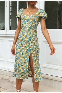 Summer New Elegant Slim Floral Print <b>A</b>-<b>Line</b> Midi <b>Dress</b> Casual with Sweetheart Neck <b>Pattern</b> Decoration Side Slit Lantern Sleeves - Product Image 5