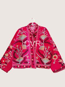 Veste en velours rose brodée de fleurs, style bohème, col rabattu, manches trois quarts, vêtement d'extérieur d'automne pour adultes - Product Image 4