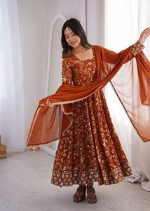 Women's Fancy Design Anarkali Elegant Embroidered Sequence Three Piece Gown-Pant Dupatta Set Party Reversible Quick Dry Wrinkle - Product Image 3