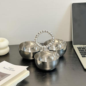 Luxury Silver <b>3</b> Section Serving Bowl With Circular Beaded Handle Elegant Metal Triple Nut Tray For Premium Home Decor - Product Image 3