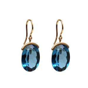 Natural London Blue Topaz Oval Drop <b>Earrings</b> in Solid 14K Yellow Gold Large Faceted Blue Gemstone Dangles December Birthstone - Product Image 1
