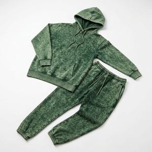 Conjunto Deportivo Unisex con Capucha, Lavado Ácido, Verde, Manga Larga, Corte Regular, Pantalones Casuales con Cordón, Poliéster/Algodón, Ropa de Otoño - Product Image 5