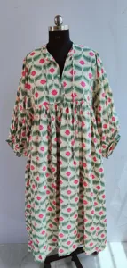 Bohemian Floral Block Print Cotton Midi <b>Dress</b> With Puff Sleeve <b>Loose</b> Fit Tie Neck Summer <b>Dress</b> For Women - Product Image 6