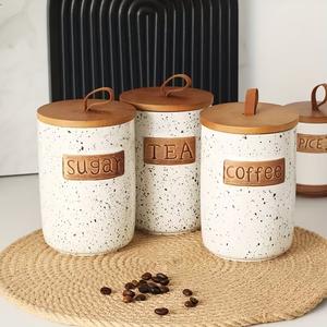 Ensemble de pots de rangement de cuisine à finition mouchetée avec couvercle en bois et étiquette en relief, organisateur de comptoir moderne pour thé, café et sucre - Product Image 1