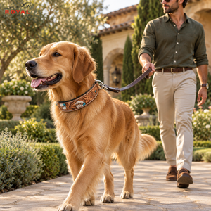 Collar de Cuero para Perro con Diseños Florales Tallados al Estilo Western |   Collar Ajustable para Mascotas con Hebillas Plateadas, Hecho a Mano - Product Image 3