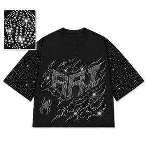 Chemises pour hommes en coton 100% respirant, couleur unie, personnalisées avec strass sur toute la surface, coupe ample oversize, style streetwear, épaules tombantes, col rond - Product Image 3