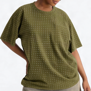Camiseta de Manga Corta con Cuello Redondo y Bolsillo de Algodón 100% con Estampado de Puntos, Talla Grande para Mujer, Venta al por Mayor de Fábrica - Product Image 1