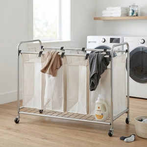 Panier à linge pliable moderne et impeccable à 4 compartiments, en fonte, plastique et tissu, trieur de linge, chariot organisateur de vêtements - Product Image 1