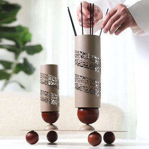 Modern 2-Piece Metal Bakhoor Incense Burner Set, Geometric Cutout Oud Burners With Wooden Ball Accents & Matching Serving <b>Tray</b> - Product Image 4