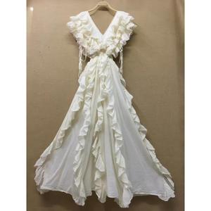 Elegante Vestido Largo de Algodón Estilo Bohemio con Cuello en V, Mangas con Volantes en Forma de Pétalo, Corte en A y Cintura Imperio para Mujer - Product Image 4