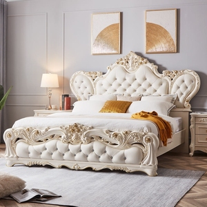Ensemble de chambre à coucher de luxe de style victorien, taille King, avec rangement, en acajou massif, tête de lit sculptée argentée et capitonnée, mobilier de maison pour hôtel - Product Image 1