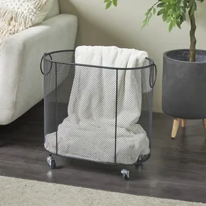 Metal Wire <b>Basket</b> Organizer Wheels Durable <b>Storage</b> Container for Kitchen Essentials <b>Mesh</b> Design Black Color Wooden Handle - Product Image 5