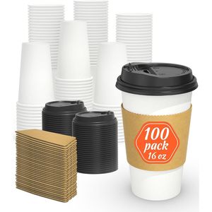Confezione da 100 Bicchieri di Carta Isolati da 16 oz per Caffè Caldo, Spessi e Resistenti, Usa e Getta con Coperchi Antigoccia e Manicotti - Product Image 1
