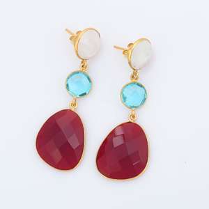 Boucles d'oreilles pendantes en argent 925 plaqué or 18 carats avec pierres fantaisie rondes blanches et bleues arc-en-ciel, bijoux faits à la main en gros - Product Image 5