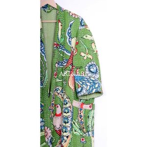 Kimono Kantha Vintage de Primera Calidad para Mujer, Bata de Verano India de Lujo con Estampado de Aves, Tela de Algodón Verde de Secado Rápido y Transpirable para Uso Diario - Product Image 3