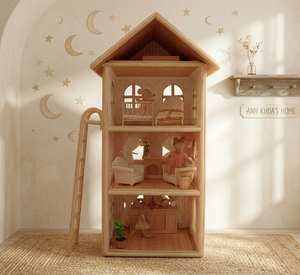 Maison de poupée en rotin de luxe à 3 étages - Maison de jeu tressée à la main, écologique, pour l'apprentissage Montessori - Product Image 1
