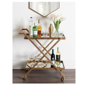 2 Tier Gold X Frame Bar Cart Modern Folding Style <b>Serving</b> <b>Trolley</b> with Mirrored Glass Shelves And Caster Wheels - Product Image 3