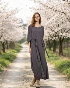 Premium Grey O-Neck Plain Maxi Linen <b>Dress</b> With Tie Front Drop Shoulder <b>Loose</b> Fit Casual Summer Solid Color <b>dress</b> For Women - Product Image 4