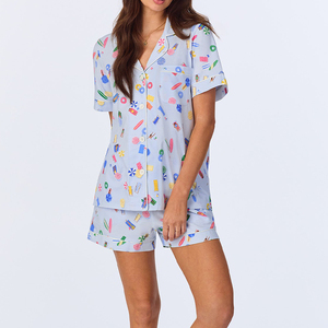 Conjunto de Pijama Corto de Algodón para Mujer, Pijama de Manga Corta de 2 Piezas con Botones y Ribete Estampado - Product Image 3