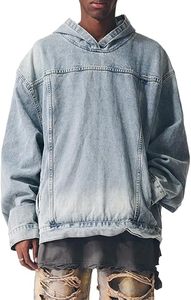 New Arrival <b>Men's</b> Clothing Pullover Denim Jeans Hoodie Custom Acid Washed <b>Raincoat</b> Jeans Hooded Breathable Sun Faded Hoodie - Product Image 5