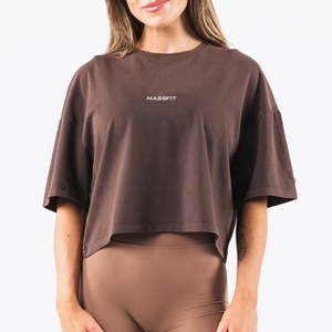 Camiseta Corta Oversize de Cuello Redondo para Mujer Massfit, Color Sólido, Ajuste Holgado, Manga Corta, Tejido de Algodón, Casual, Transpirable, Plisada - Product Image 1