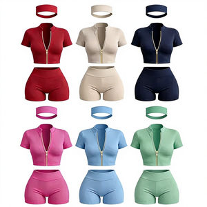 3 Piece Lounge Set Women Summer Clothes Short Sleeve Zip up <b>Jacket</b> with Headband Shorts Custom <b>Workout</b> Sets for Women 2026 - Product Image 3