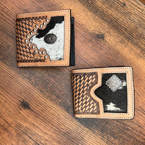 Portefeuille à deux volets en cuir repoussé pour hommes 100% portefeuille de Cowboy en cuir véritable de qualité supérieure cheveux sur peau de vache portefeuilles de Protection bloquant la RFID - Product Image 4