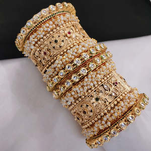 Openable <b>Bangles</b> <b>Set</b> 10573835-Gold Plated Pota Stone and Pearls Elegant Pearl Bracelets & <b>Bangles</b> - Product Image 1