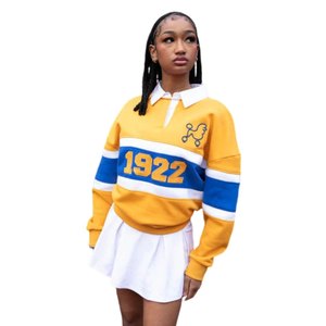 Camiseta de Rugby Sigma Gamma Rho para Mujer, Amarillo y Azul 1922, Polo de Manga Larga, Estilo Deportivo Casual de la Hermandad Griega - Product Image 1