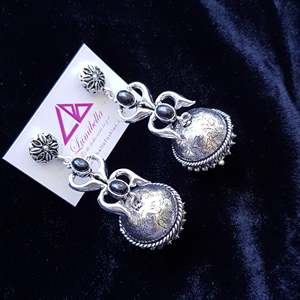 Fashion Dangle <b>Earrings</b> German Silver Long Jumkha with Red Stone Embellishment - Product Image 2