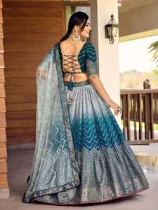 Teal Blue <b>Sequin</b> Lehenga Choli With Dupatta V Neck Embroidered Pleated Dress Bride Wedding Party Wear - Product Image 2