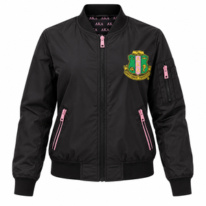   Chaqueta bomber satinada negra y rosa para mujer, ligera, con cremallera, bordado de escudo, tejido acanalado, ropa exterior informal. - Product Image 1