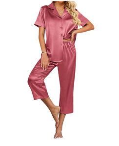 Conjunto de Pijama de Satén Personalizado para Mujer, 1 Pieza, Cintura Elástica, Manga Corta, Camiseta con Botones, Pantalones Capri, Ropa de Dormir Tipo Seda - Product Image 5