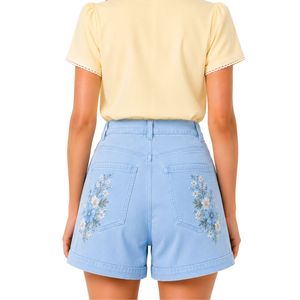 Shorts de Mezclilla Personalizados para Mujer, Bordados con Flores Azul Cielo, Cintura Alta, Casuales, de Verano, de Algodón Elástico, con Logotipo Personalizado - Product Image 2
