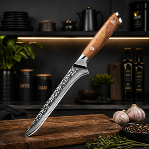 Custom Handmade Ambidextrous <b>Boning</b> <b>Knife</b> with Damascus Steel Blade Wooden <b>Handle</b> Leather Sheath 8-9.9in Blade Length - Product Image 1