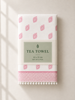 Linnen bedrukte theedoek voor de keuken |   Roze paisley-motief linnen theedoek met decoratieve rand & pomponbies