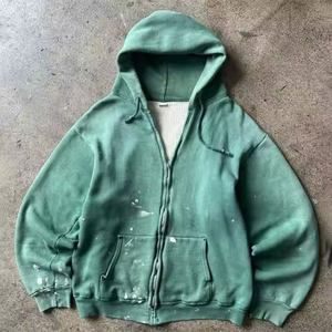 Sudadera con capucha vintage desgastada con cremallera, al por mayor, estilo oversize con salpicaduras de pintura, color personalizado, pedido a granel, ropa de moda urbana - Product Image 2