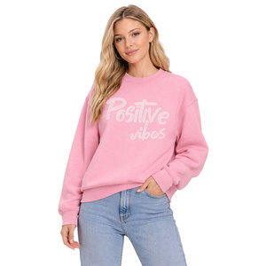 Sweat-shirt à col rond pour femme OEM, rose, avec strass, inscription « Positive Vibes », style streetwear oversize, tenue décontractée, mode - Product Image 1